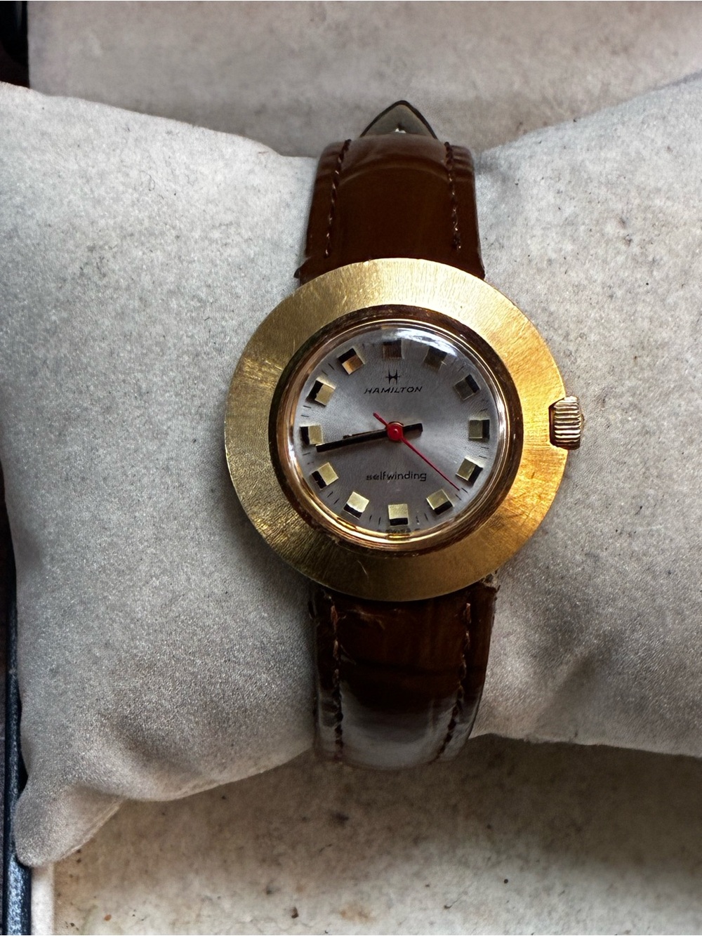 Hamilton Gold-Tone Round Watch with Brown Leather Strap and Silver Dial
